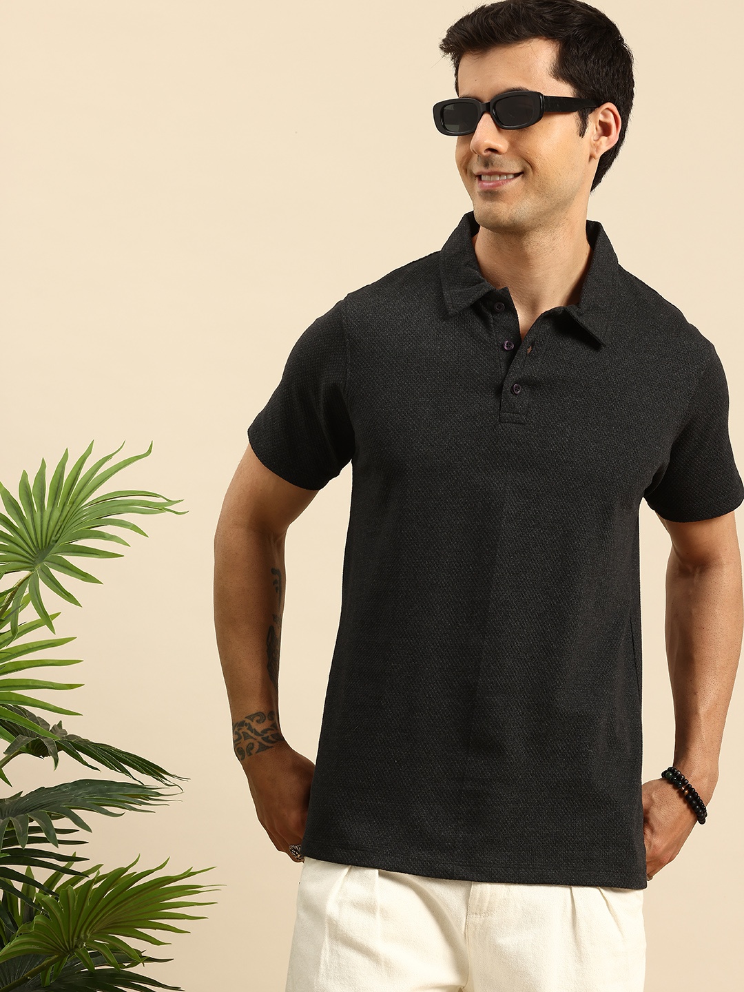 Mast & Harbour Self-Design Polo Collar T-shirt, Charcoal