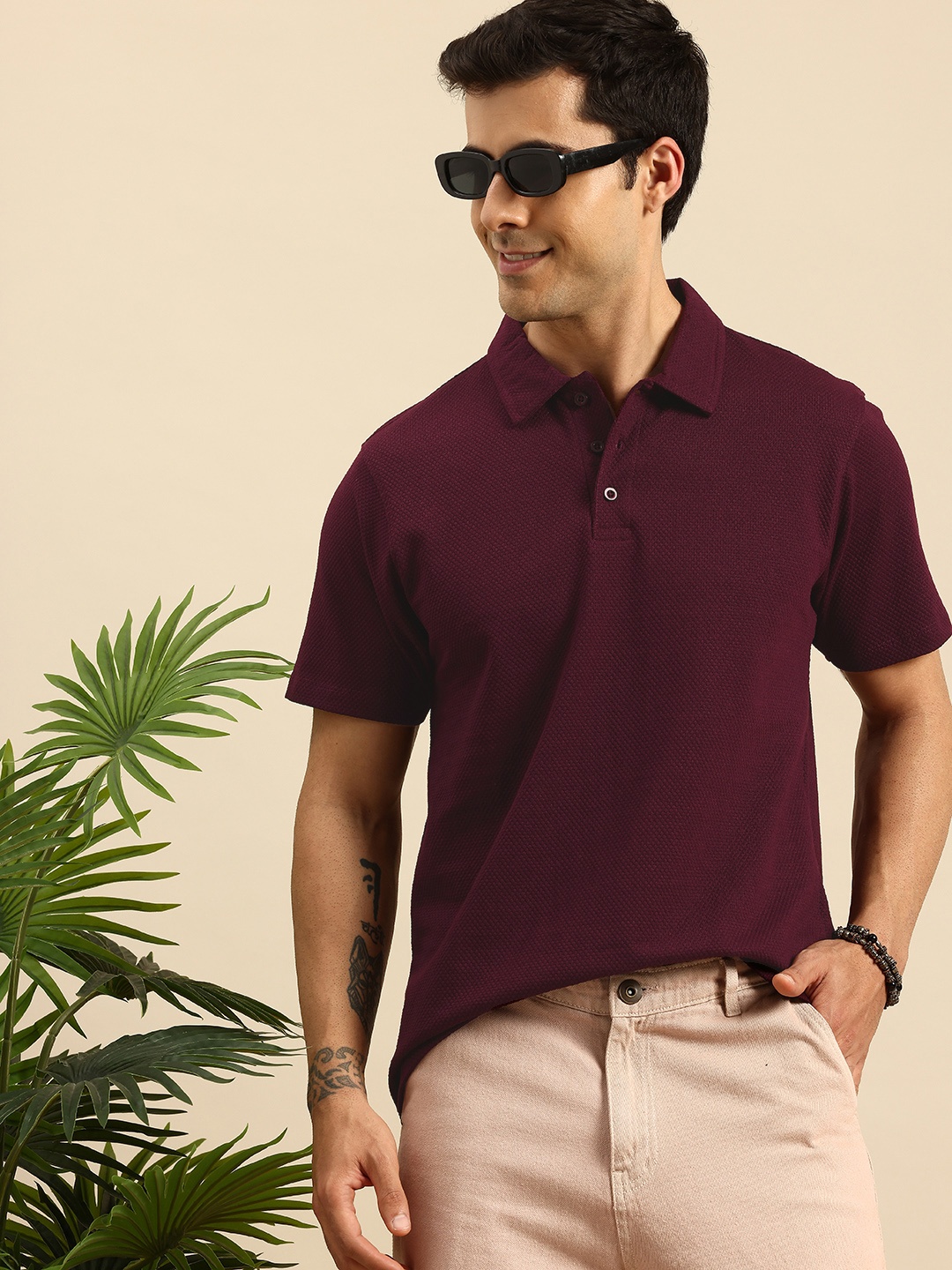 

Mast & Harbour Popcorn Textured Polo Collar Relaxed Fit T-shirt, Burgundy