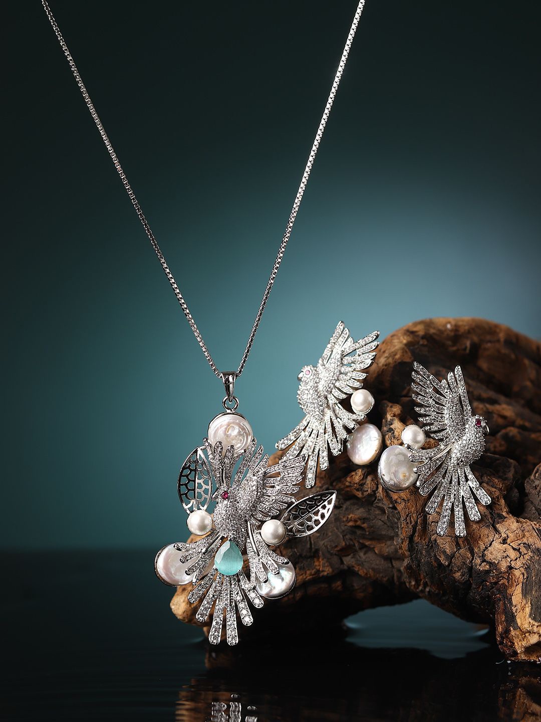 

RHOSYN Rhodium-Plated Cubic Zirconia Studded Jewellery Set, Silver