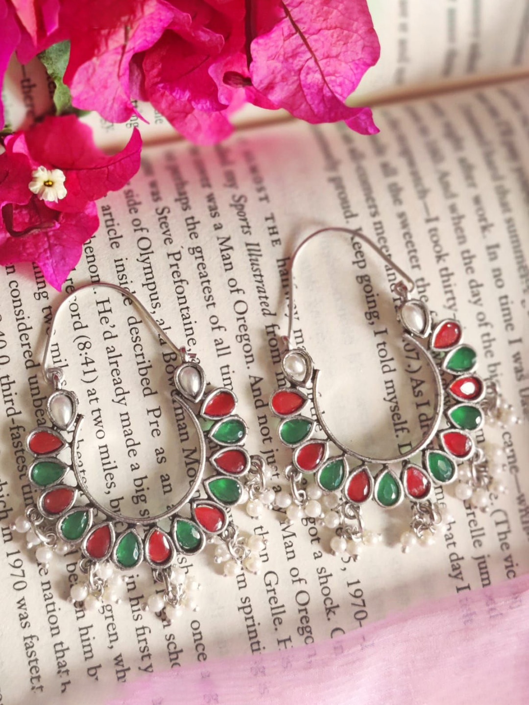 

Janpath Silver-Plated Artificial Stones Studded And Beaded Crescent Shaped Chandbalis