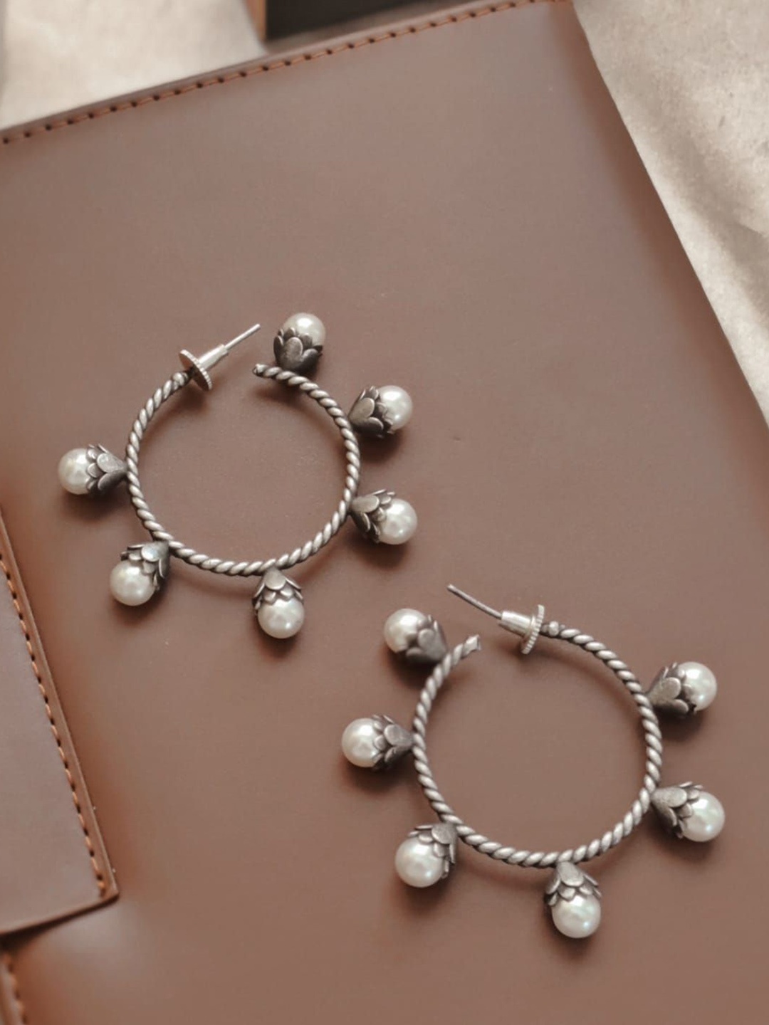 

Janpath Silver-Plated Pearls Studded Contemporary Shaped Oxidised Hoop Earrings