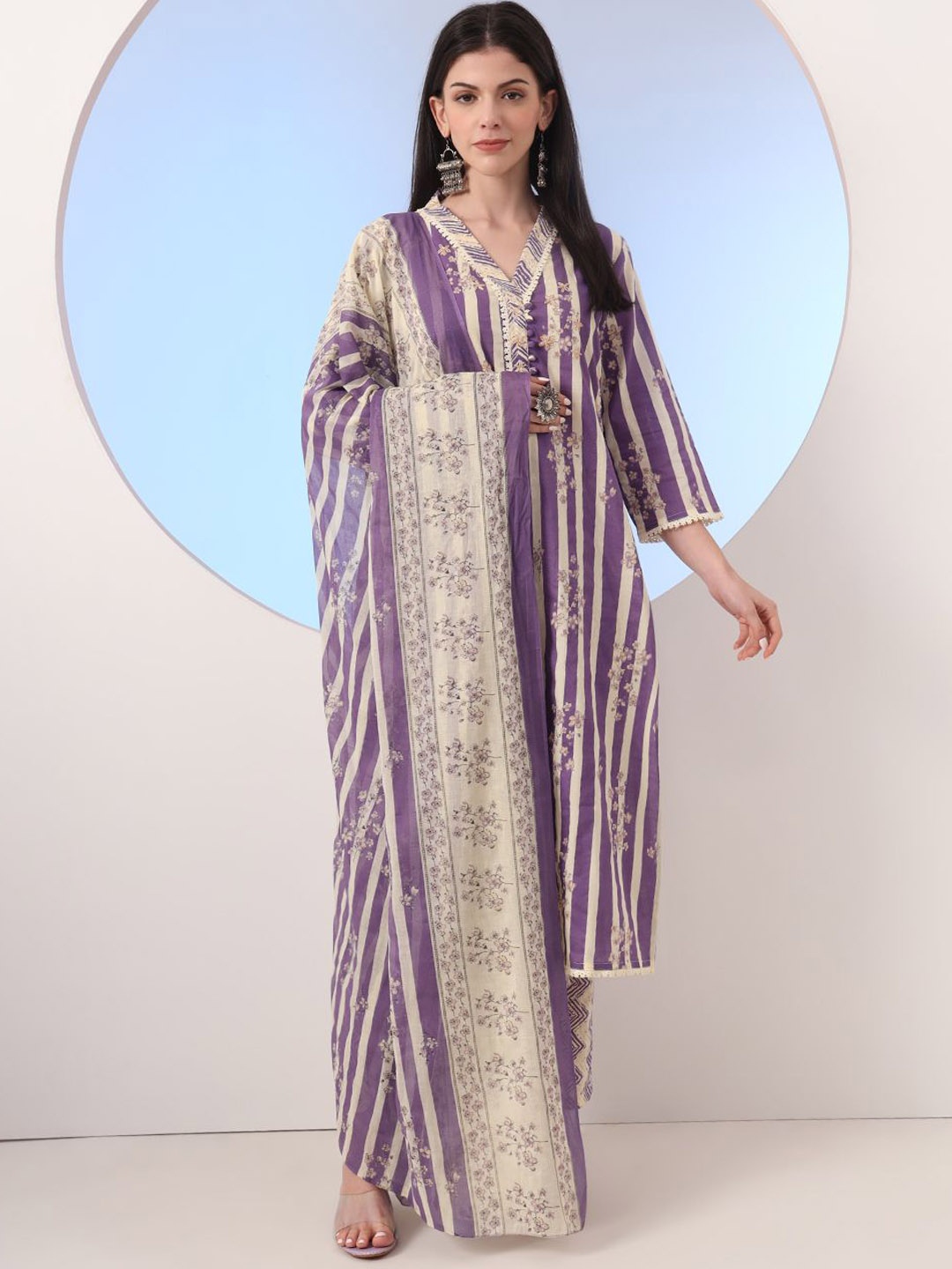

Yufta Floral Embroidered Pure Cotton V-Neck Straight Kurta With Trousers And Dupatta, Purple