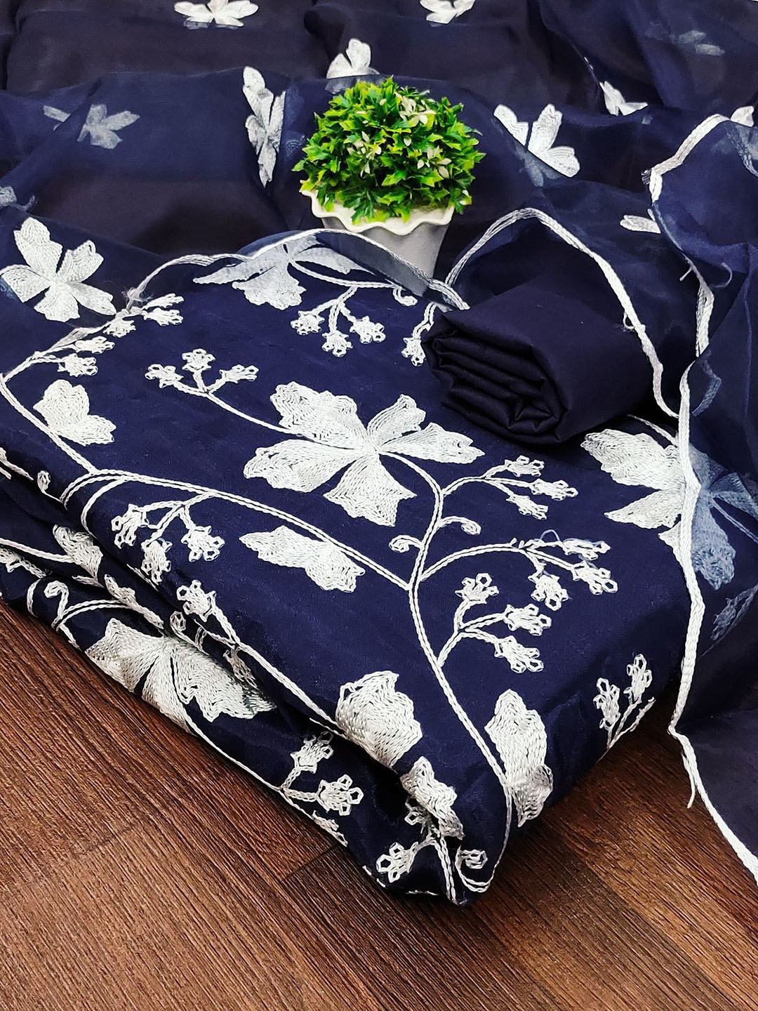 

A TO Z CART Floral Embroidered Organza Unstitched Dress Material, Navy blue