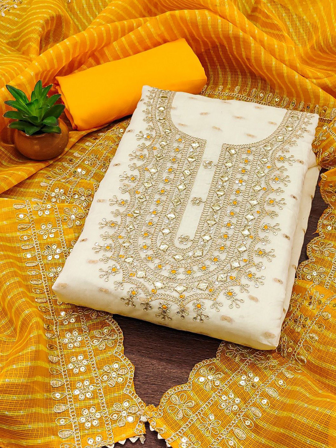 

A TO Z CART Ethnic Motifs Woven Design Thread Work Chanderi Silk Unstitched Dress Material, Yellow