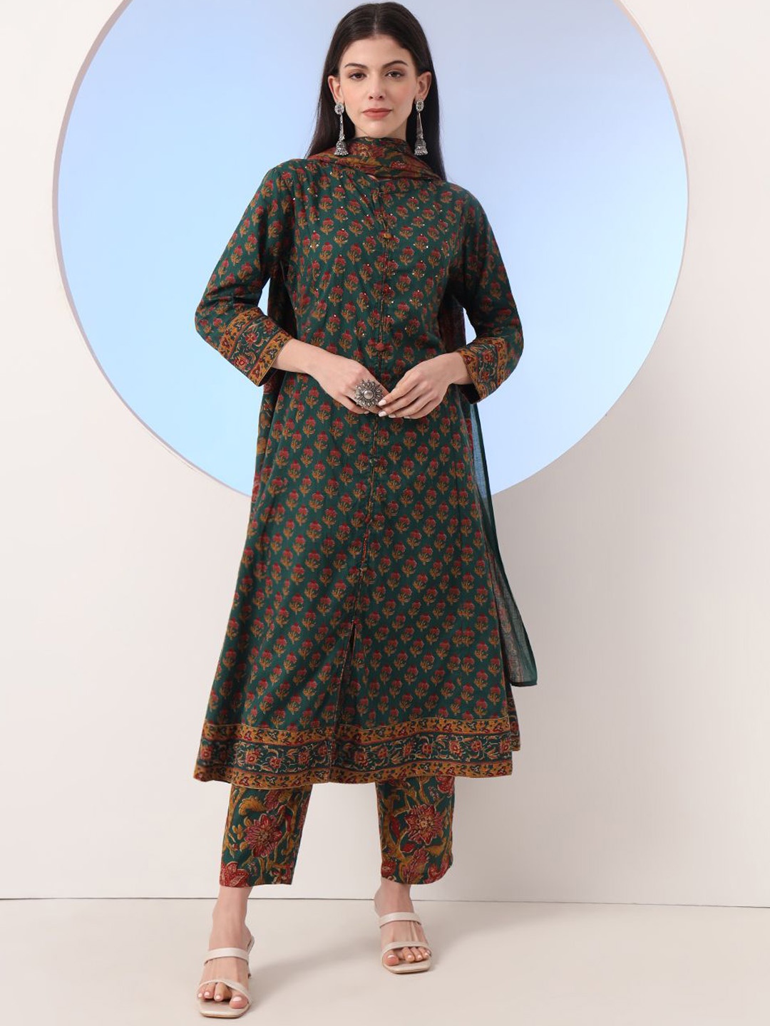 

Yufta Floral Printed Pure Cotton Band Collar A-Line Kurta With Trousers And Dupatta, Green