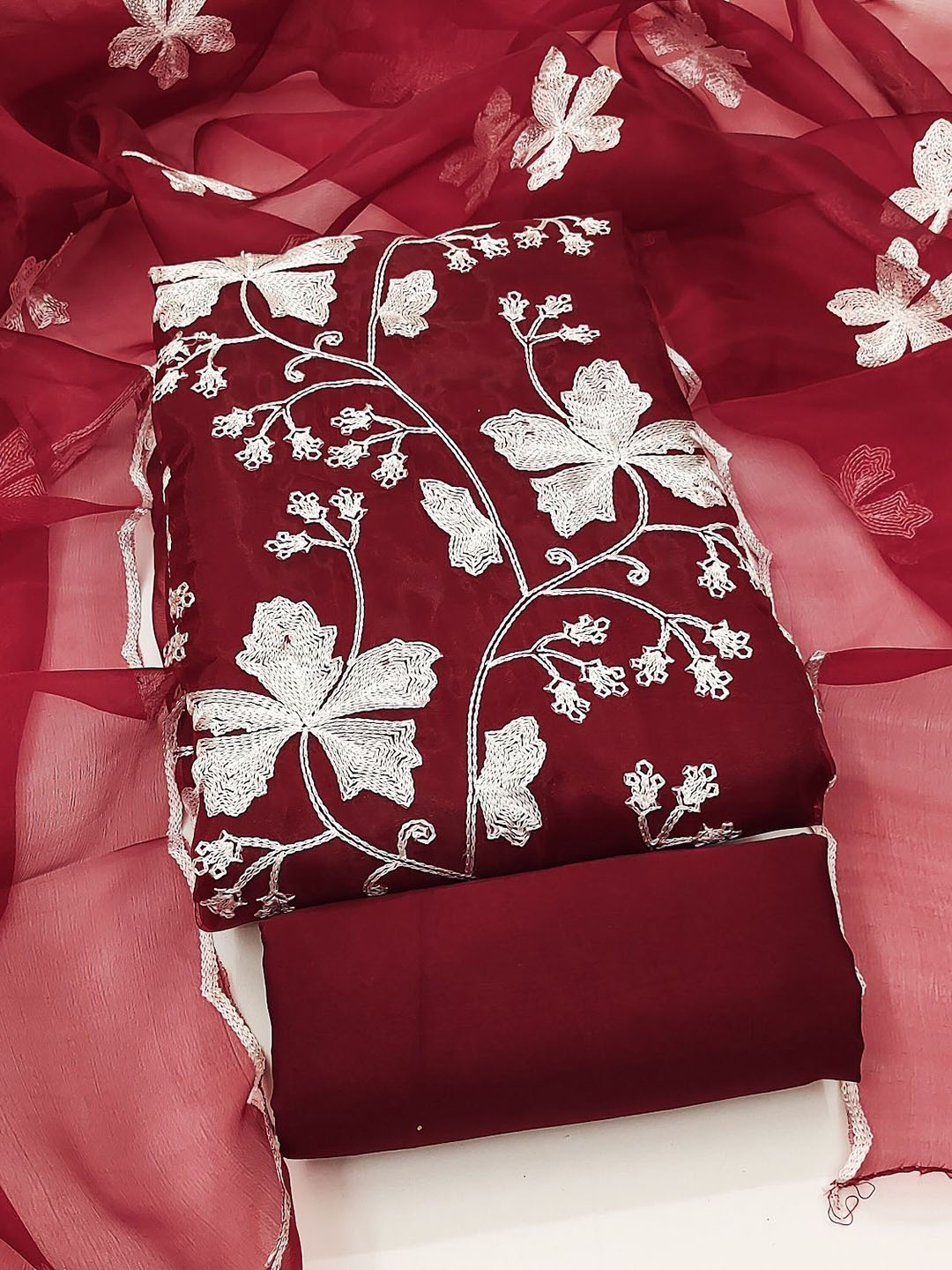 

A TO Z CART Floral Embroidered Organza Unstitched Dress Material, Maroon