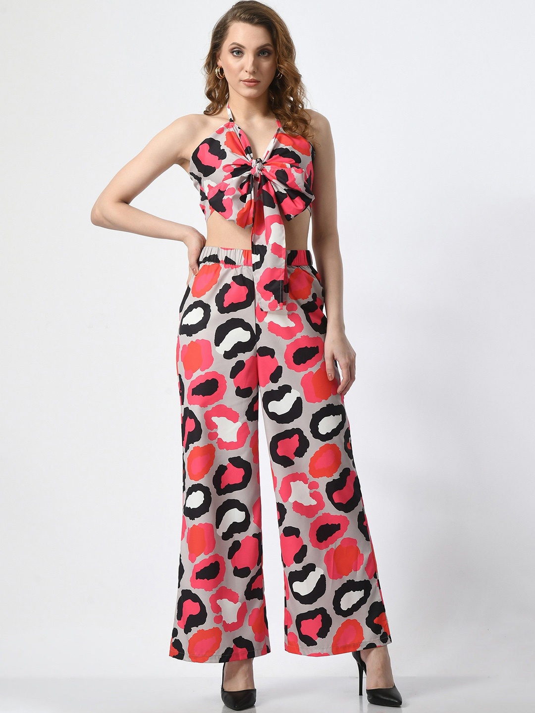 

COATTIRE Printed Halter Neck Top With Trouser, Pink