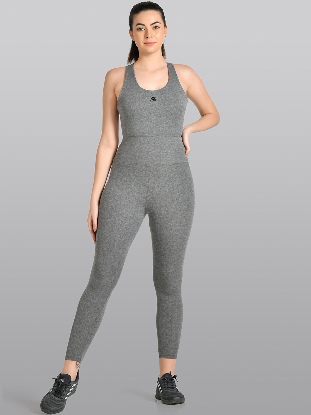 

LAASA SPORTS Women Skinny Fit Round Neck Gym Jumpsuit With Open Back, Grey melange