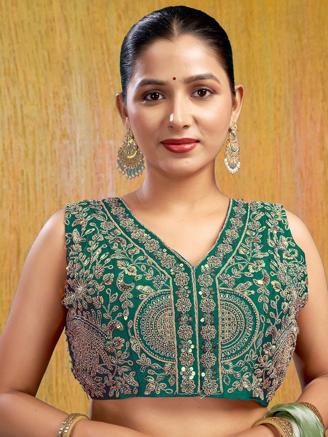 

KALINI Women Embellished Padded Saree Blouse, Green