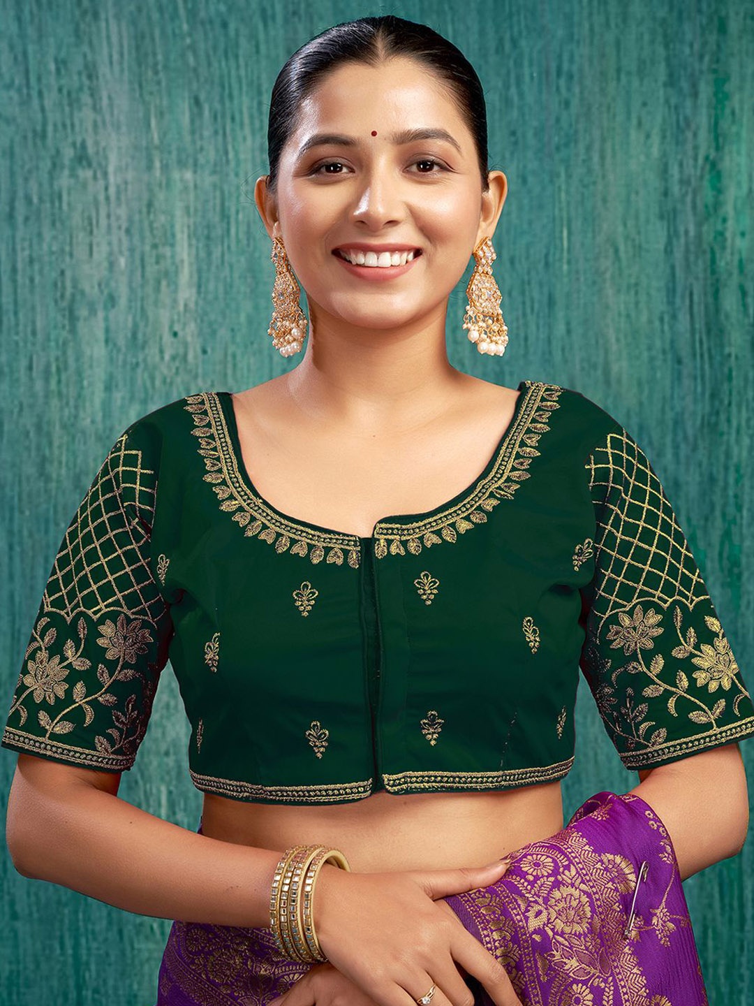 

KALINI Women Embroidered Round Neck Saree Blouse, Green