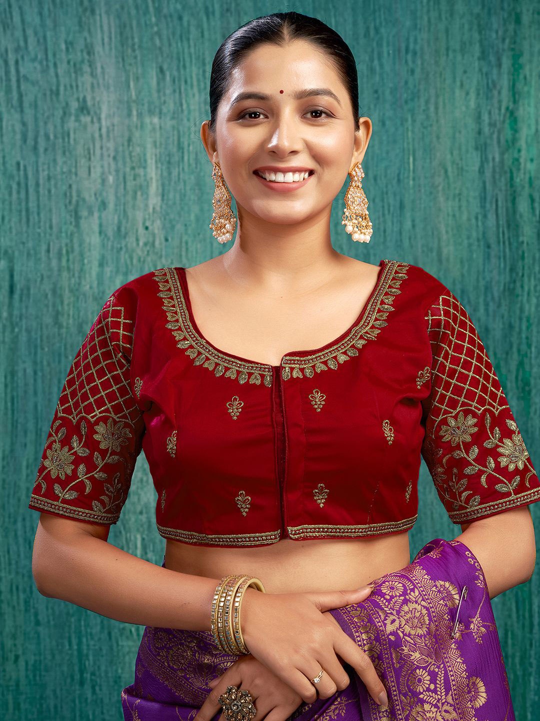 

KALINI Women Embellished Padded Ready to wear Saree Blouse, Maroon