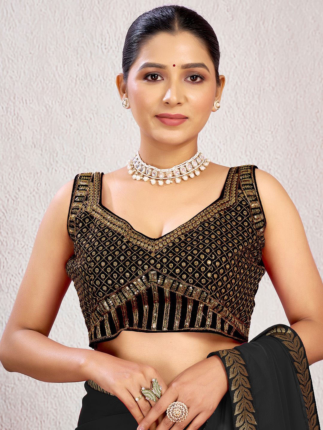 

KALINI Embellished Sweetheart Neck Saree Blouse, Black