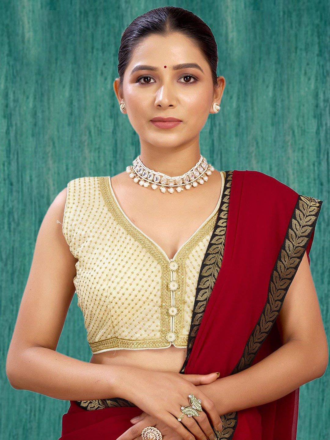 

KALINI Embellished Saree Blouse, Cream