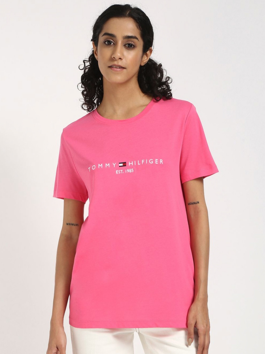 

Tommy Hilfiger Women TH ESS Typography Printed Round Neck Cotton T-shirt, Pink