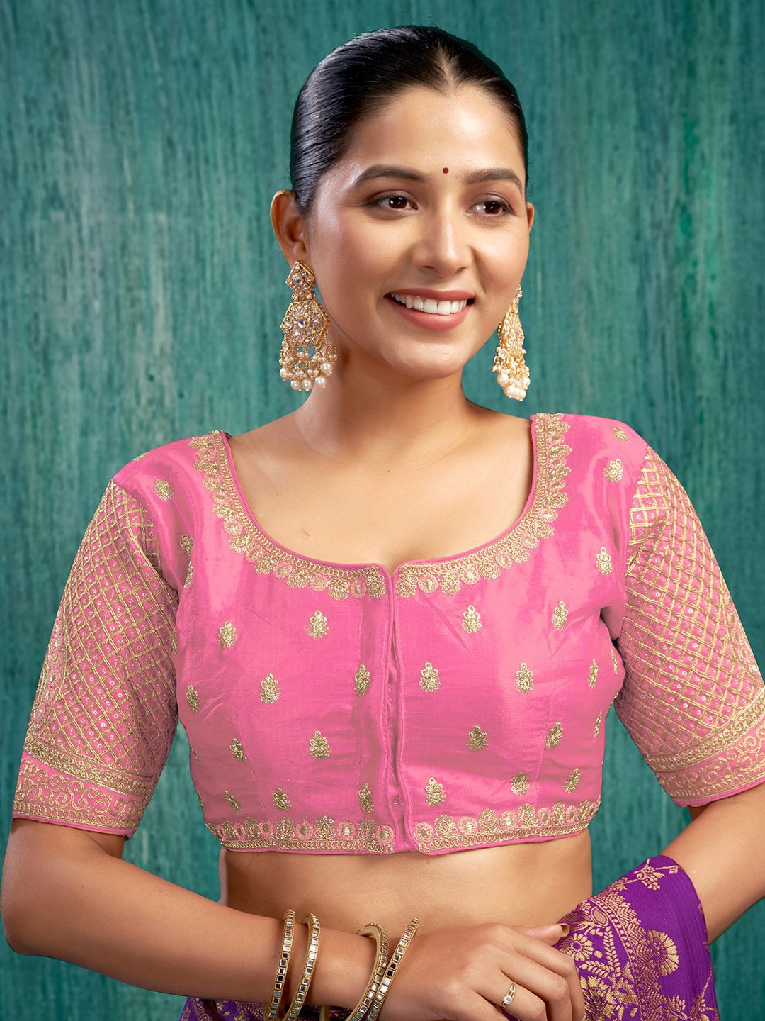 

KALINI Embroidered Round Neck Padded Saree Blouse, Pink