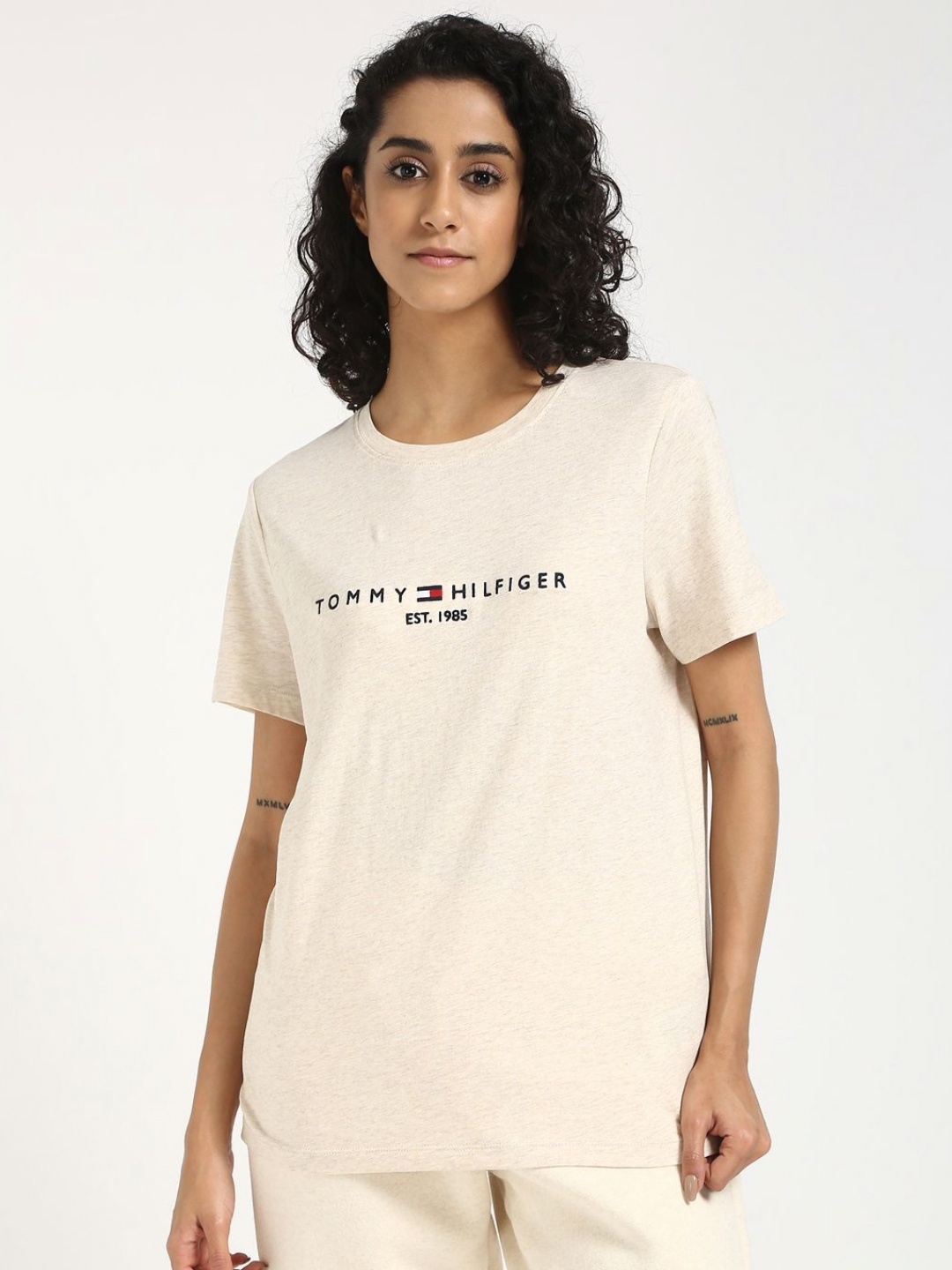 

Tommy Hilfiger Women Typography Printed Round Neck Cotton T-shirt, Beige