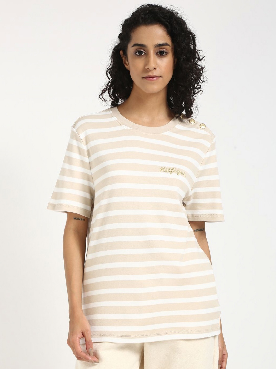 

Tommy Hilfiger Women Striped Round Neck Cotton T-shirt, Beige