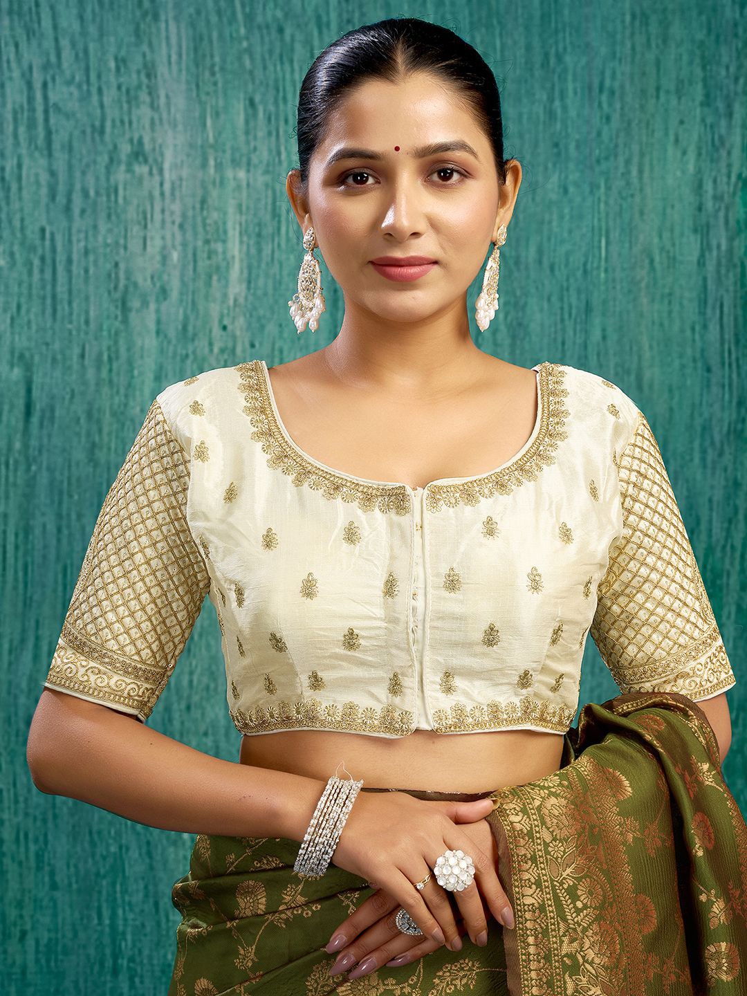 

KALINI Embroidered Round Neck Padded Saree Blouse, Off white