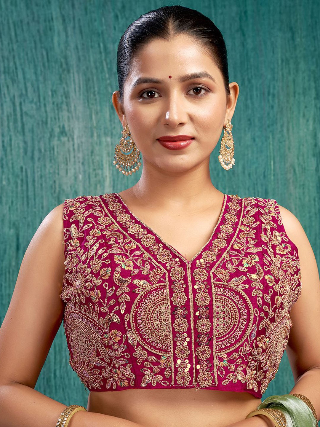 

KALINI Embroidered Sleeveless Silk Saree Blouse, Pink