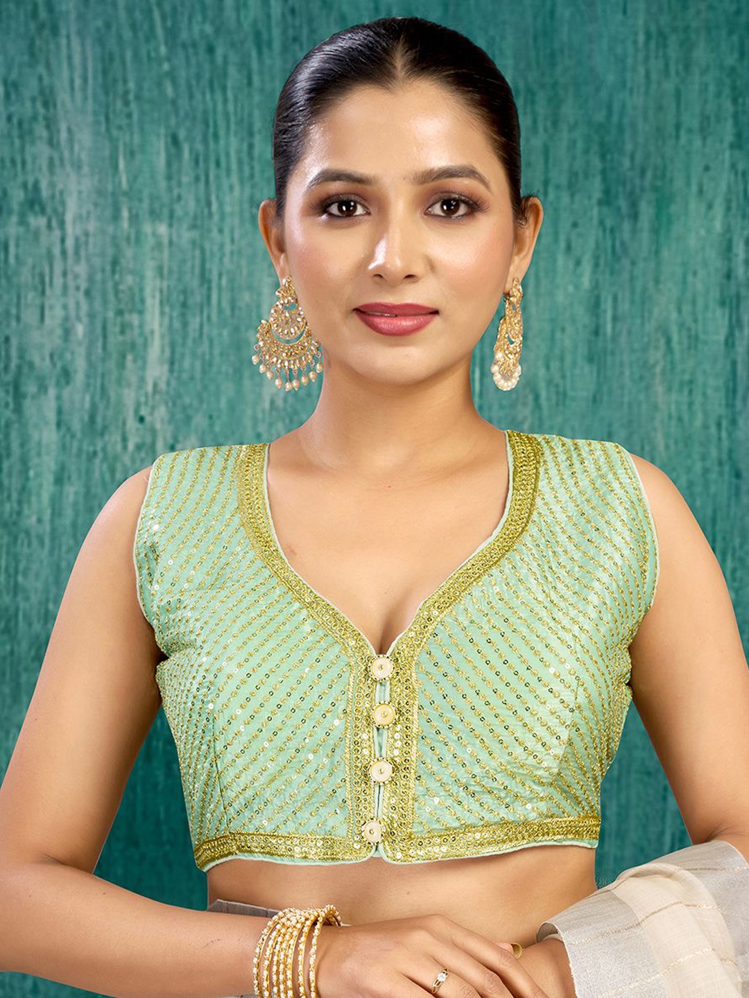 

KALINI Sequinned Padded Ready To Wear Saree Blouse, Green