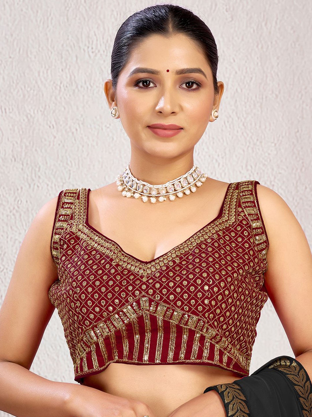 

KALINI Embellished Fully Stitched Padded Ready To Wear Saree Blouse, Maroon