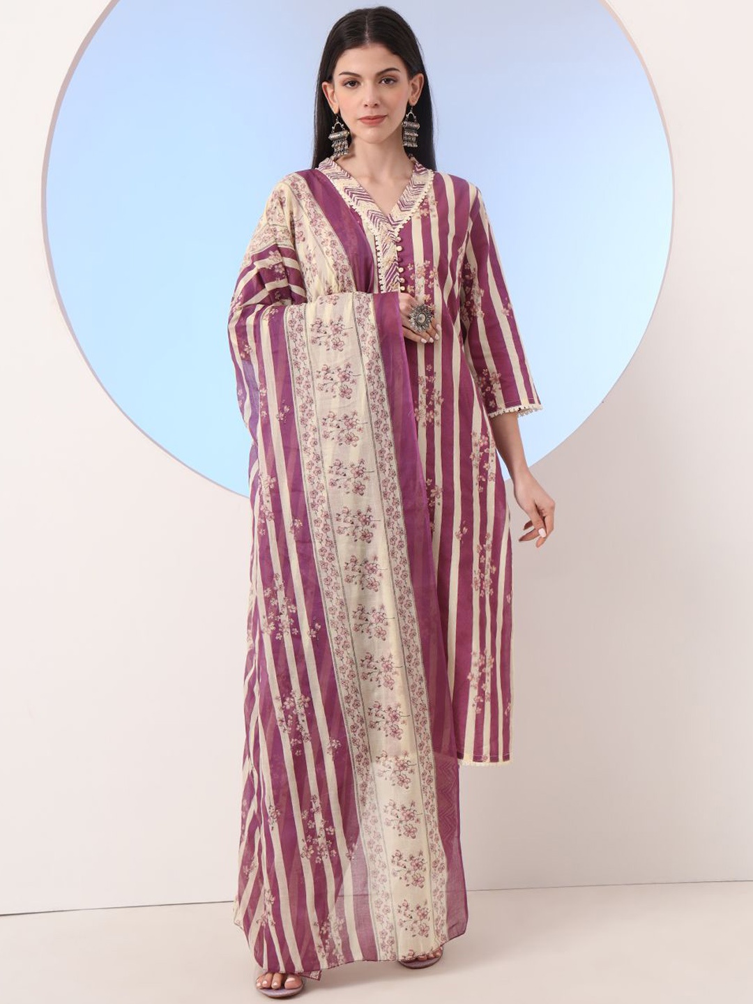 

Yufta Floral Embroidered Pure Cotton V-Neck Straight Kurta With Trousers And Dupatta, Burgundy