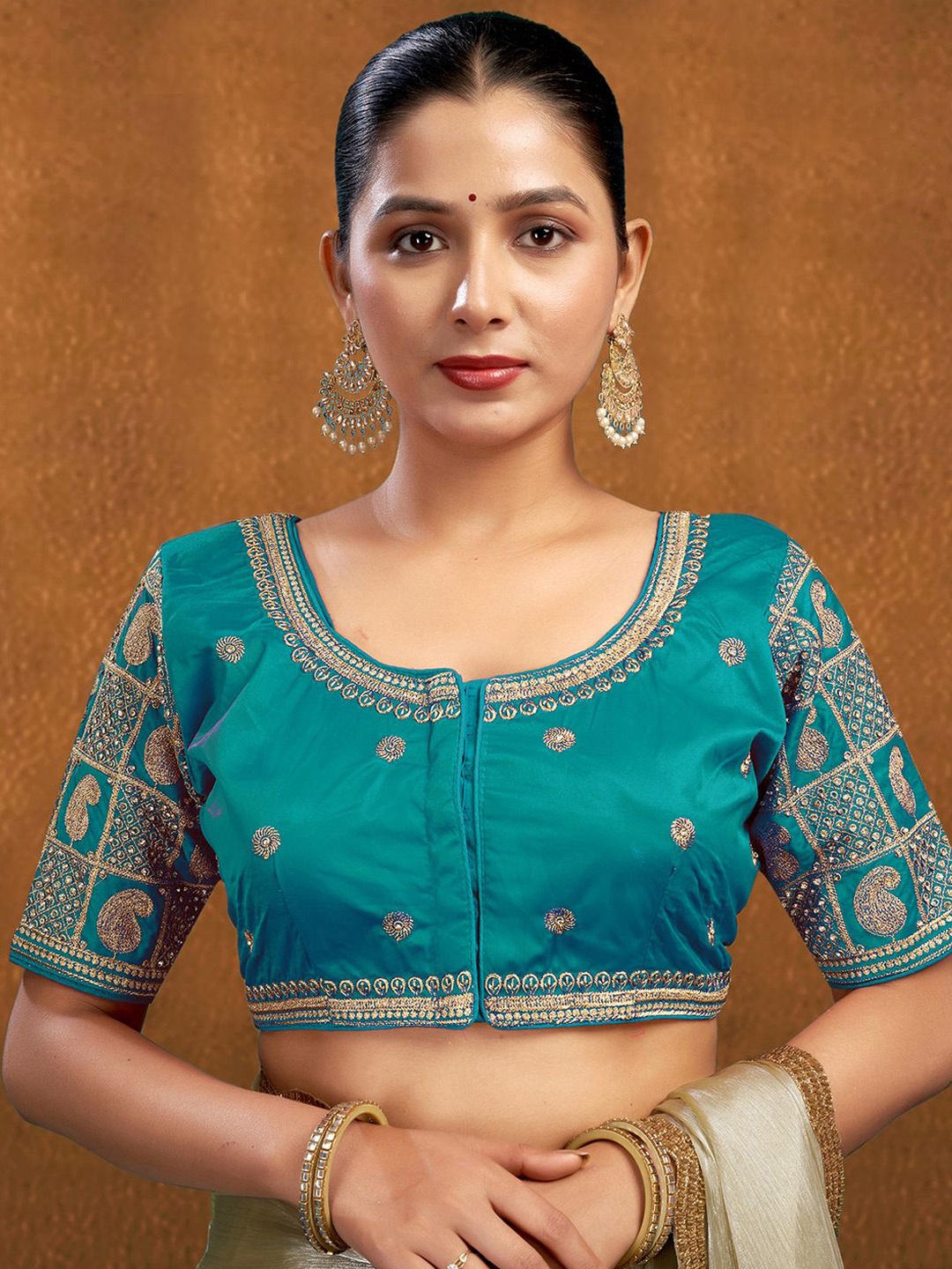 

KALINI Embroidered Padded Saree Blouse, Blue