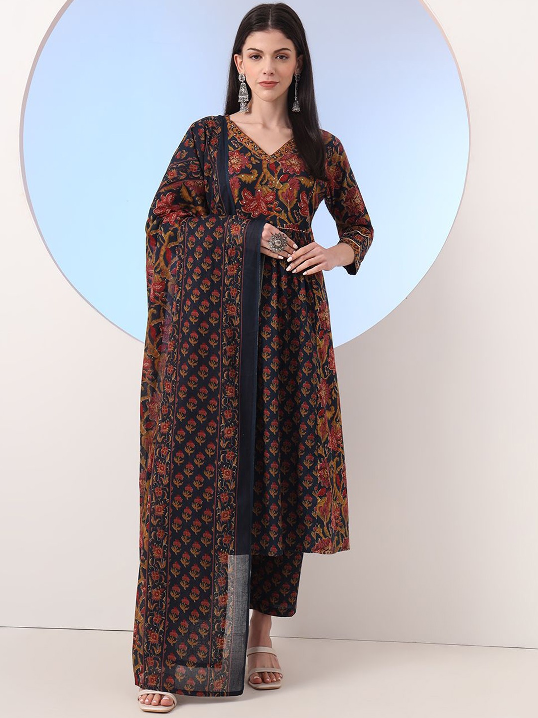 

Yufta Floral Printed Pure Cotton V-Neck A-Line Kurta With Trousers And Dupatta, Navy blue
