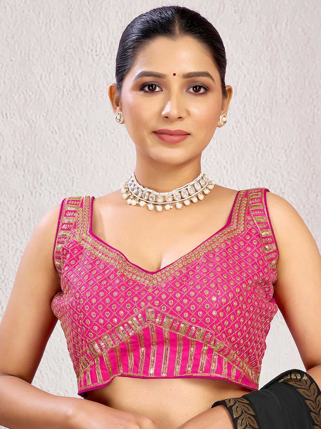 

KALINI Embellished Padded Ready To Wear Silk Saree Blouse, Pink