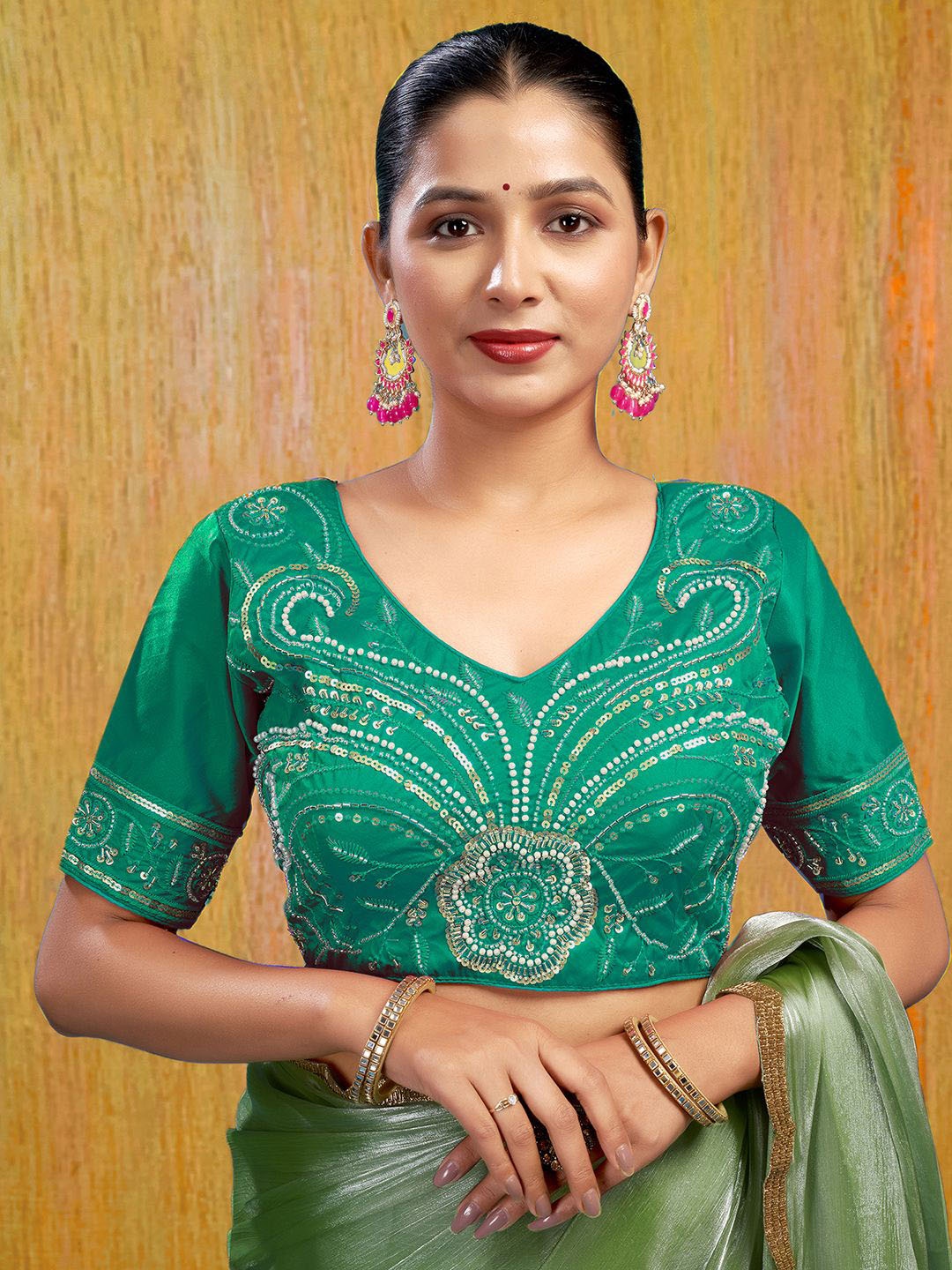

KALINI Women Embroidered Padded Silk Saree Blouse, Green