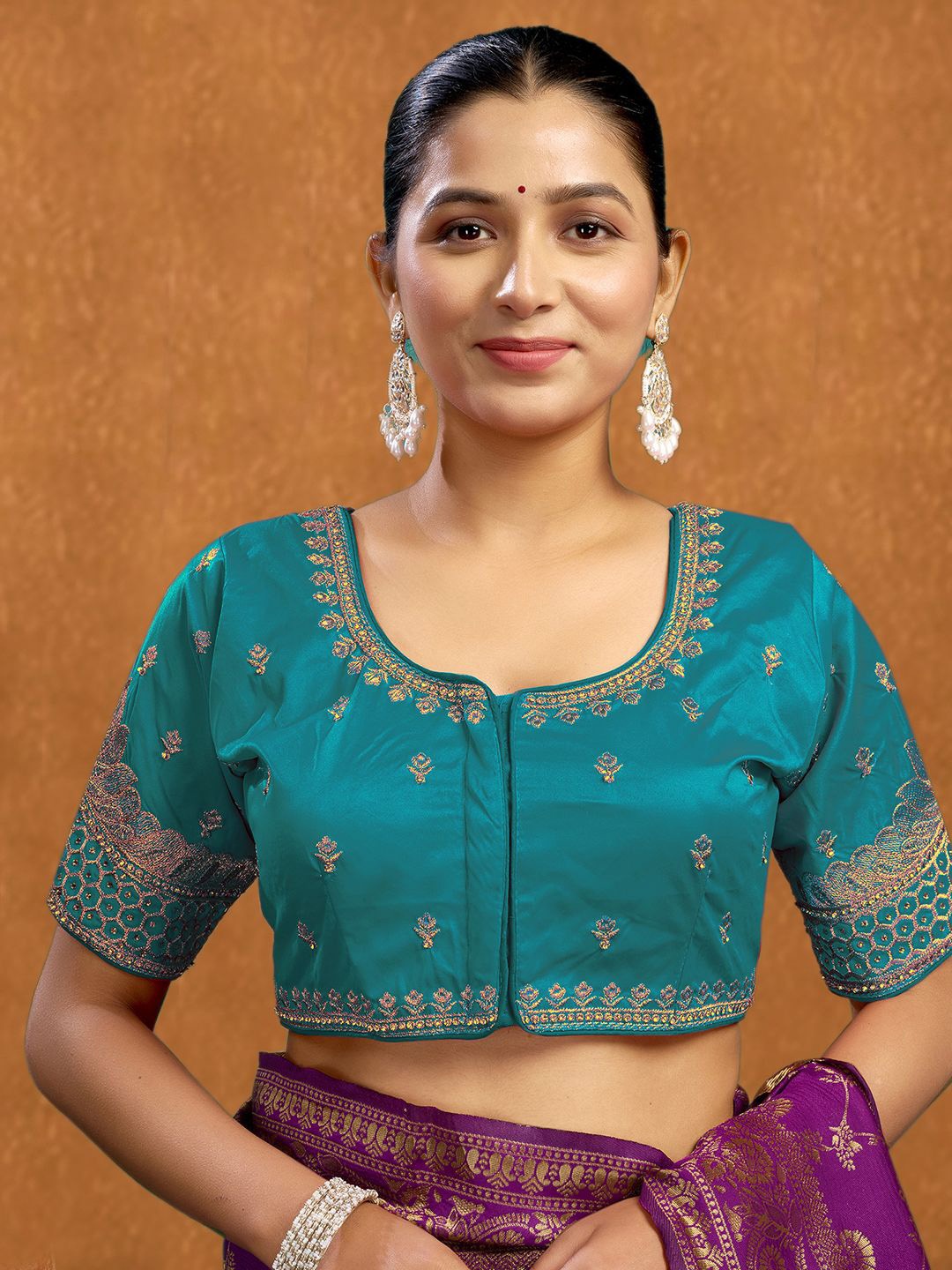 

KALINI Women Embroidered Padded Silk Saree Blouse, Blue