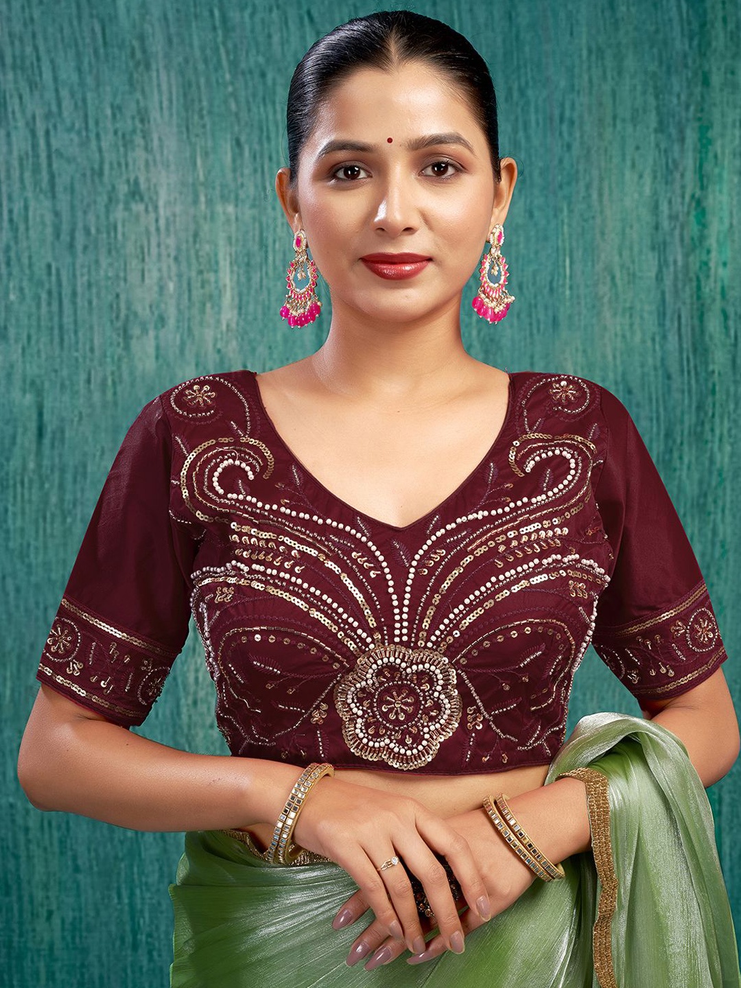 

KALINI Silk Embellished Padded Ready To Wear Blouse, Maroon
