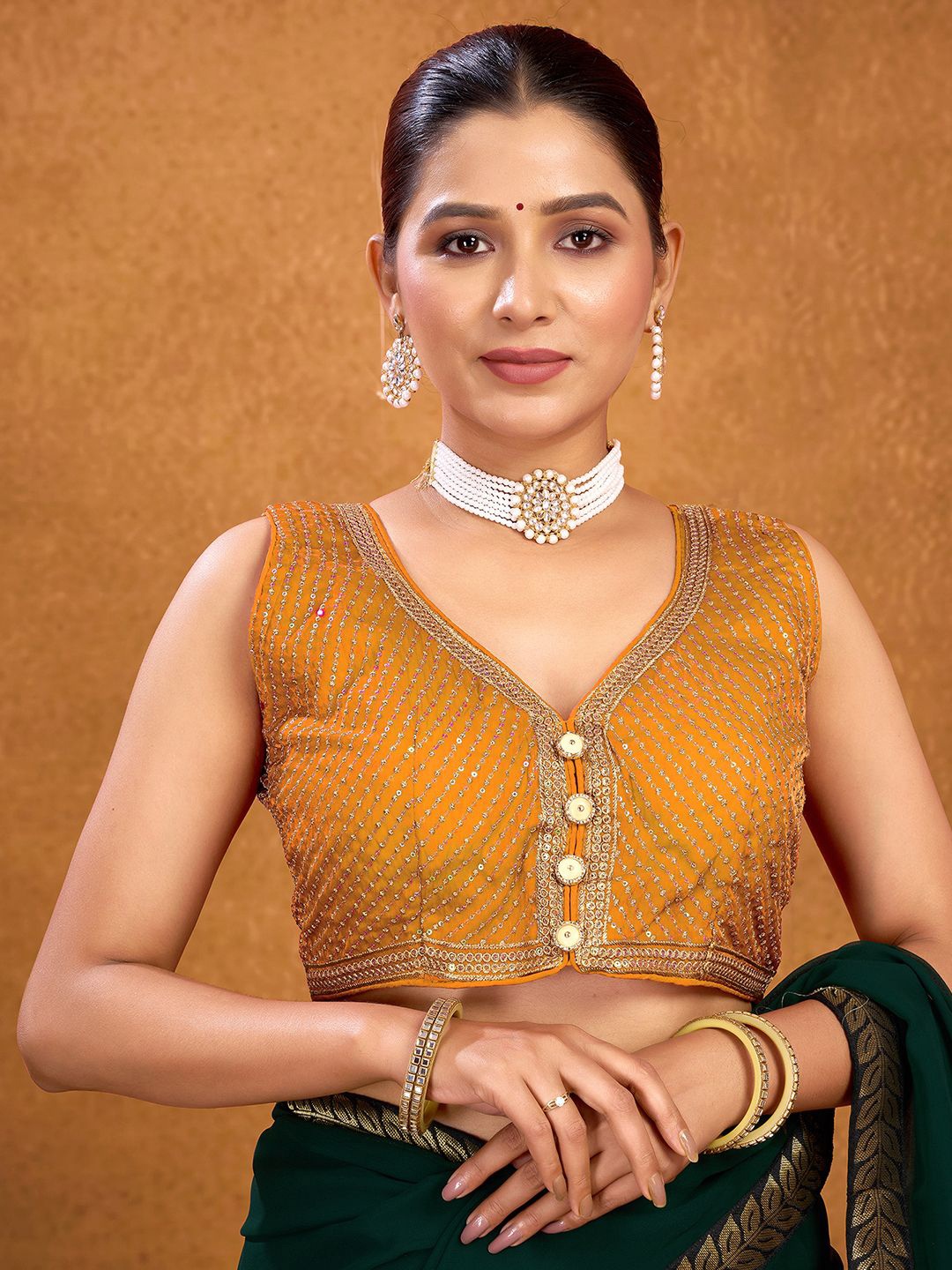 

KALINI Women Embellished Fully Stitched Padded Ready To Wear Saree Blouse, Mustard