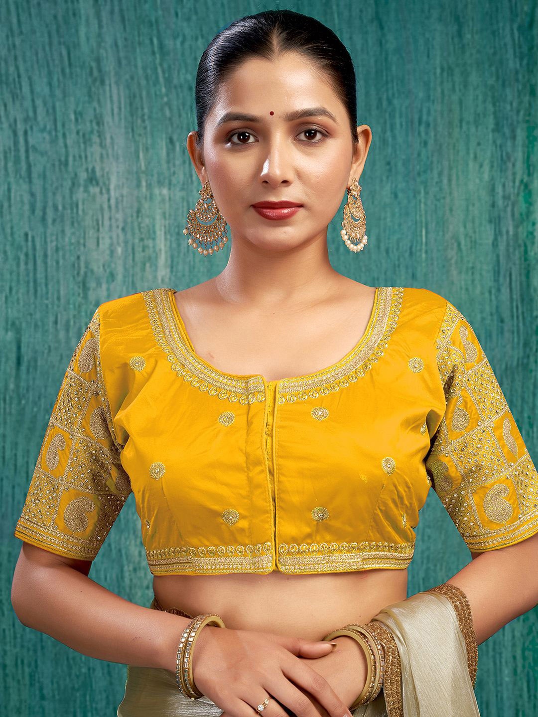 

KALINI Women Embroidered Ready To Wear Padded Blouse, Mustard