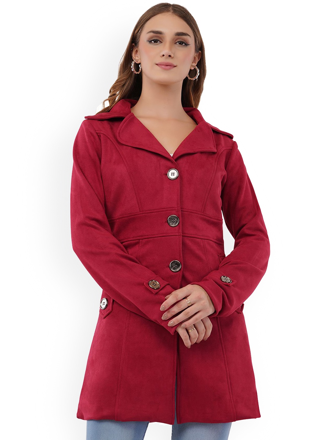 

Fruba Women Notched Lapel Collar Single-Breasted Hip Length Overcoat, Red