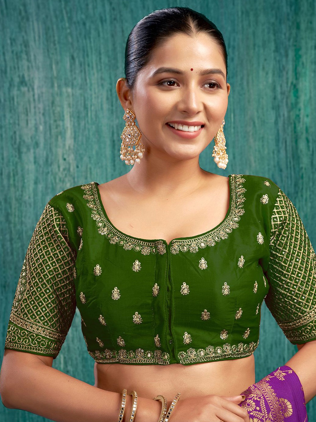 

KALINI Embroidered Round Neck Saree Blouses, Green