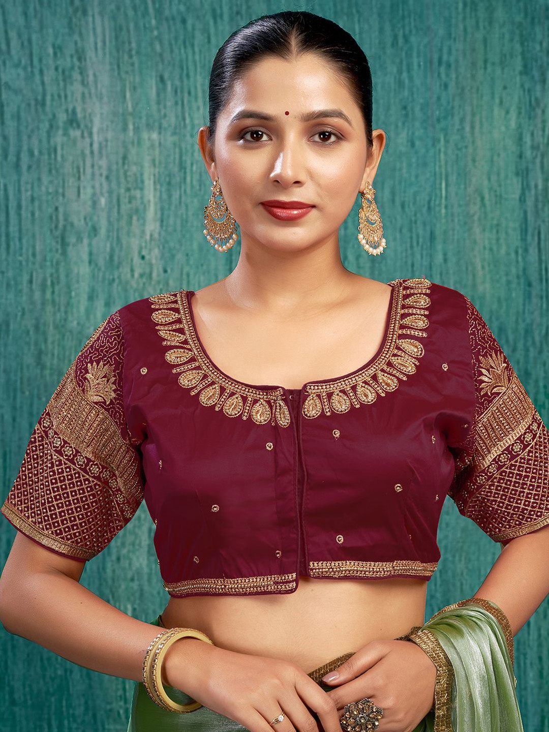 

KALINI Silk Embroidered Beads and Stones Padded Ready To Wear Blouse, Maroon
