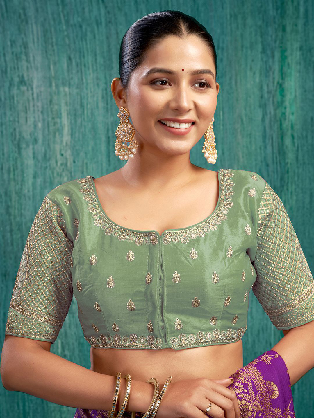 

KALINI Women Embroidered Padded Saree Blouse, Green