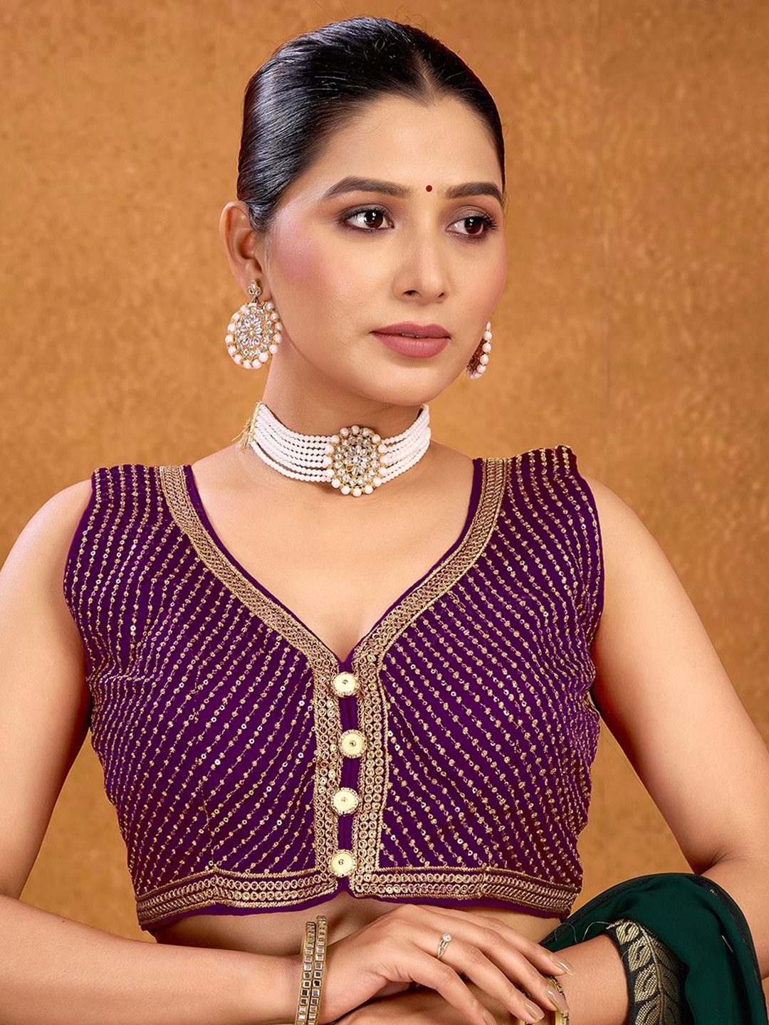 

KALINI Embellished Fully Stitched V-Neck Sleeveless Sequinned Padded Saree Blouse, Magenta