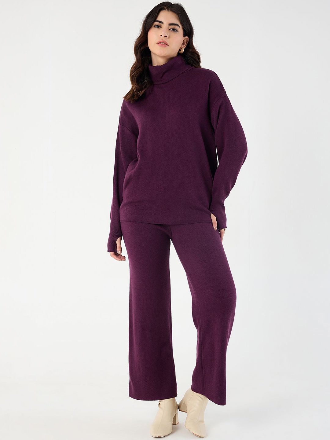 

FEMMELLA High Neck Long Sleeves Sweater With Trousers Co-Ords, Burgundy