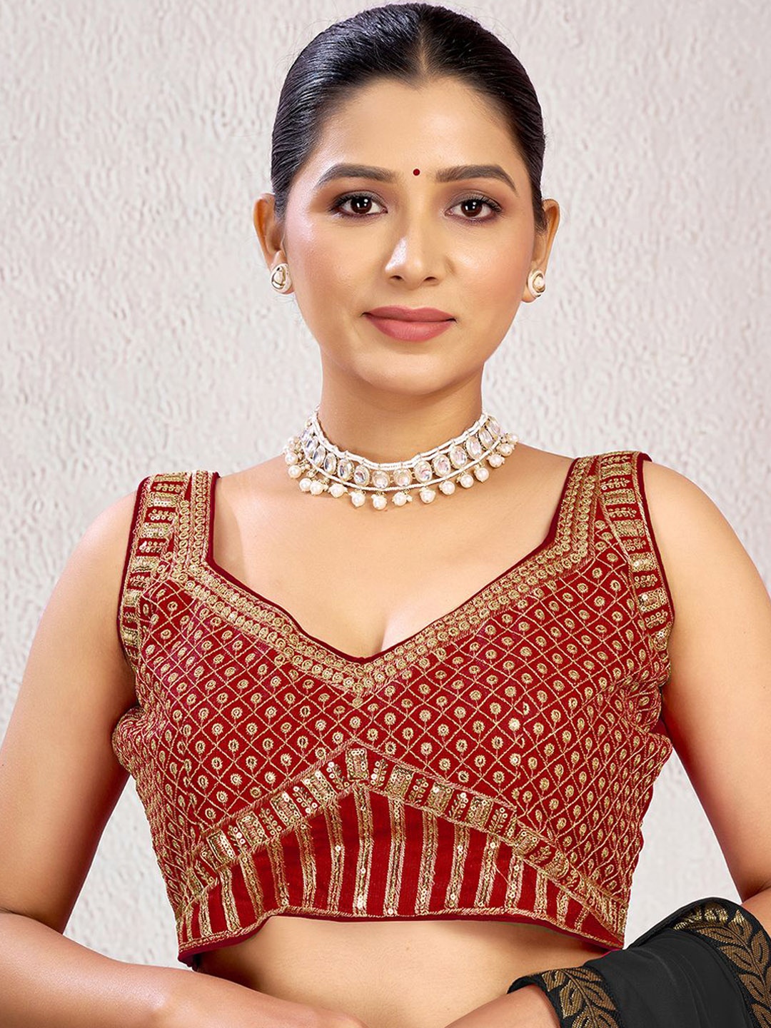

KALINI Embellished Sequinned Padded Saree Blouse, Red