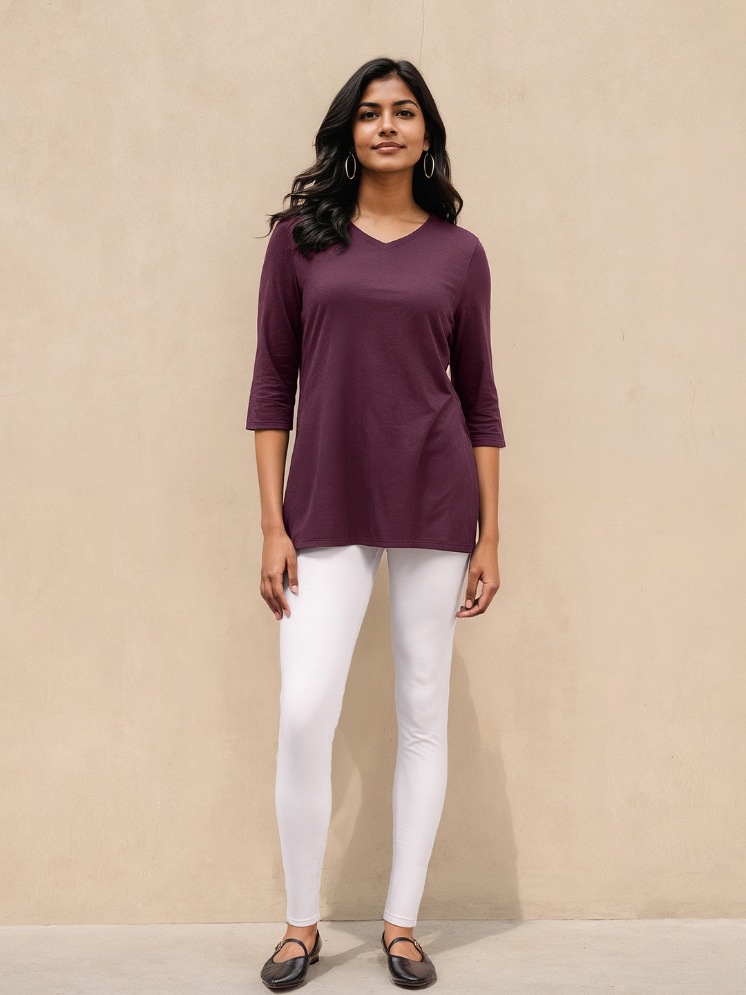 

Blissclub Women Solid V-Neck Cotton T-shirt, Purple