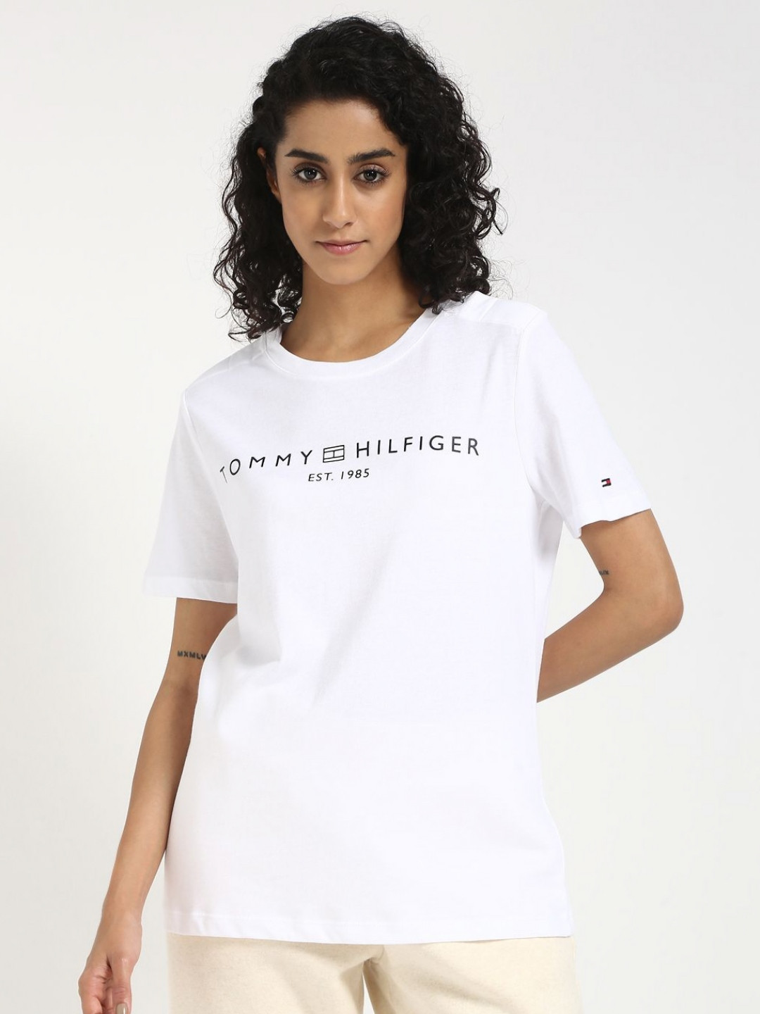 

Tommy Hilfiger Women Typography Printed Round Neck Cotton T-shirt, White