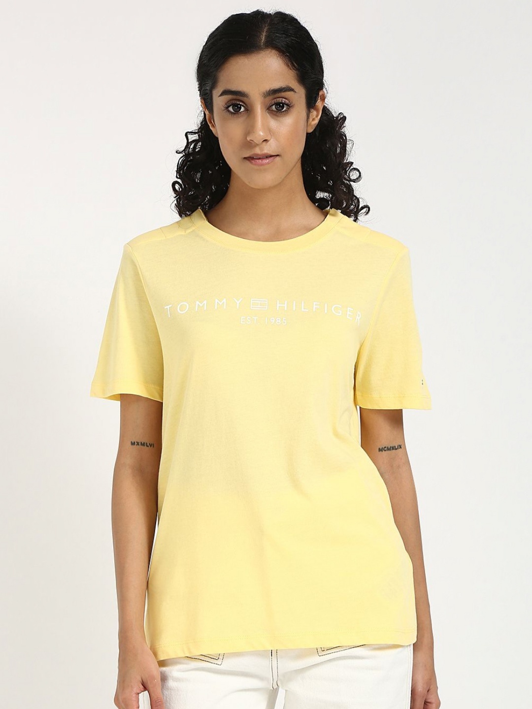 

Tommy Hilfiger Women Typography Printed Round Neck Cotton T-shirt, Yellow