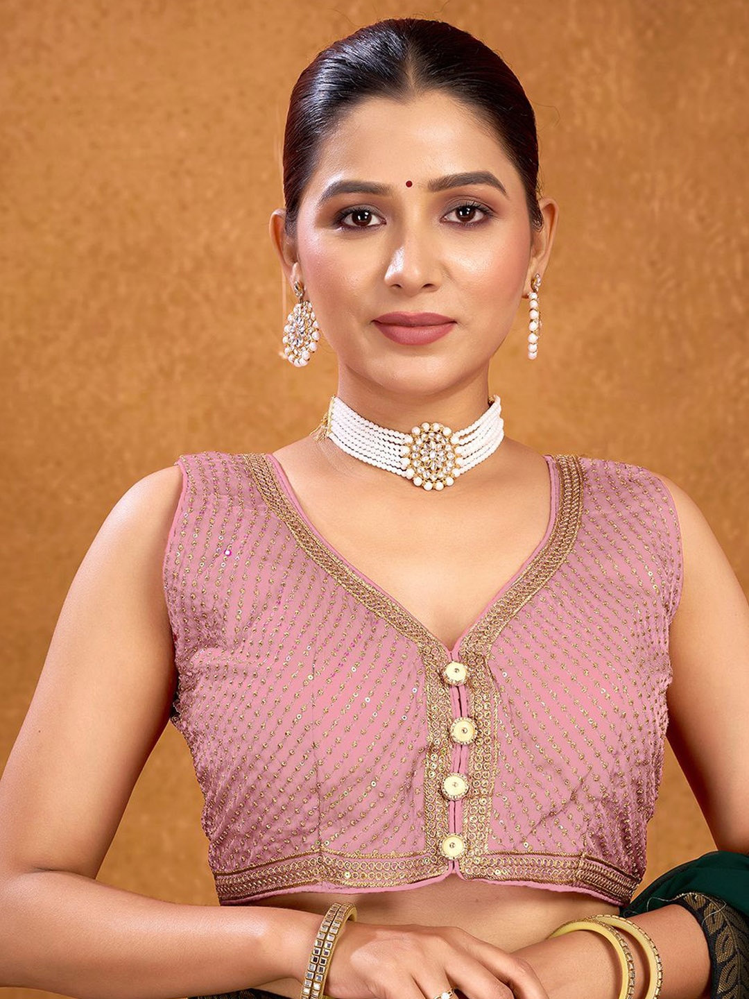 

KALINI Embellished Padded Saree Blouse, Pink