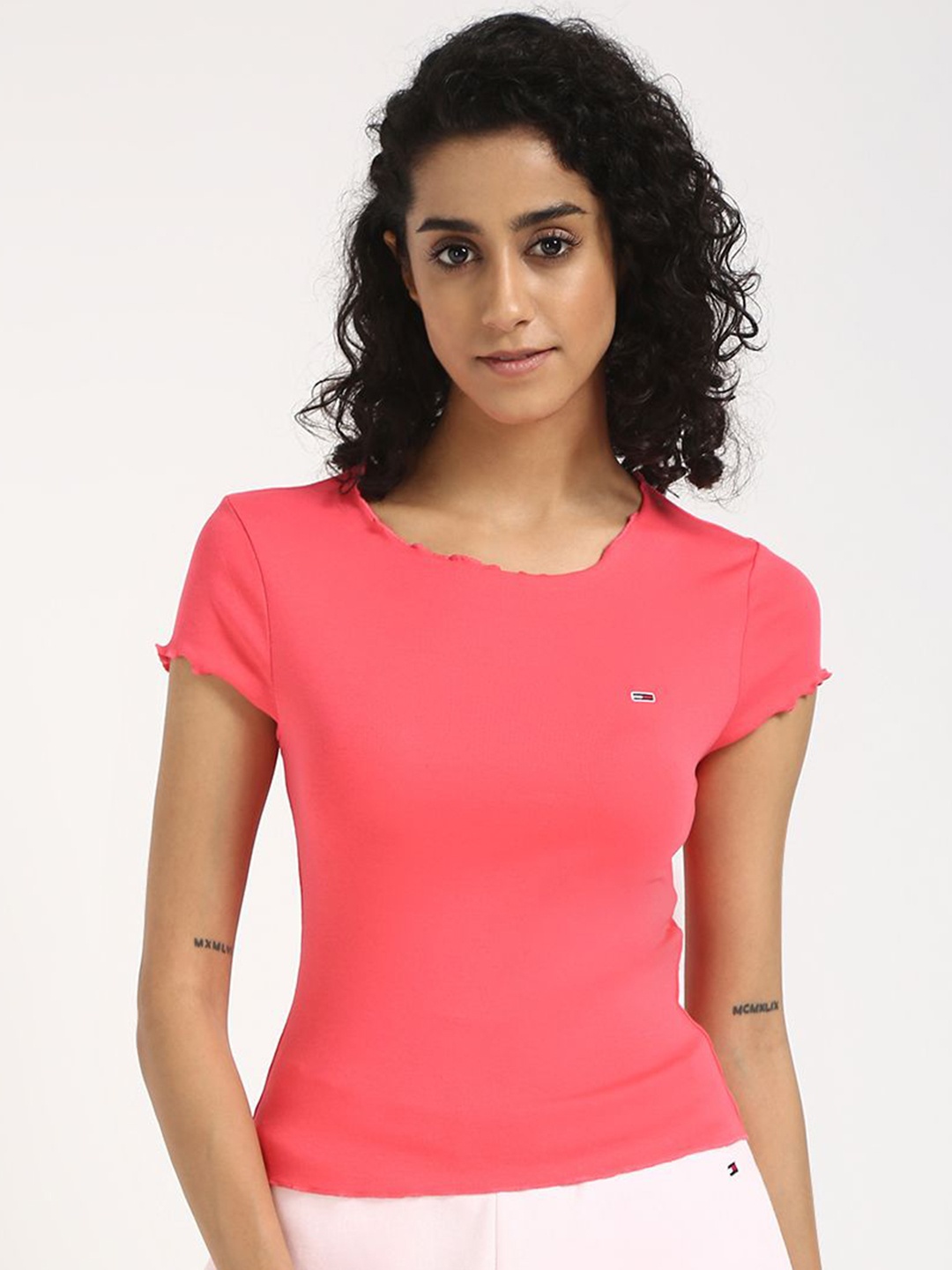 

Tommy Hilfiger Women Solid Round Neck Cotton Slim Fit T-shirt, Pink