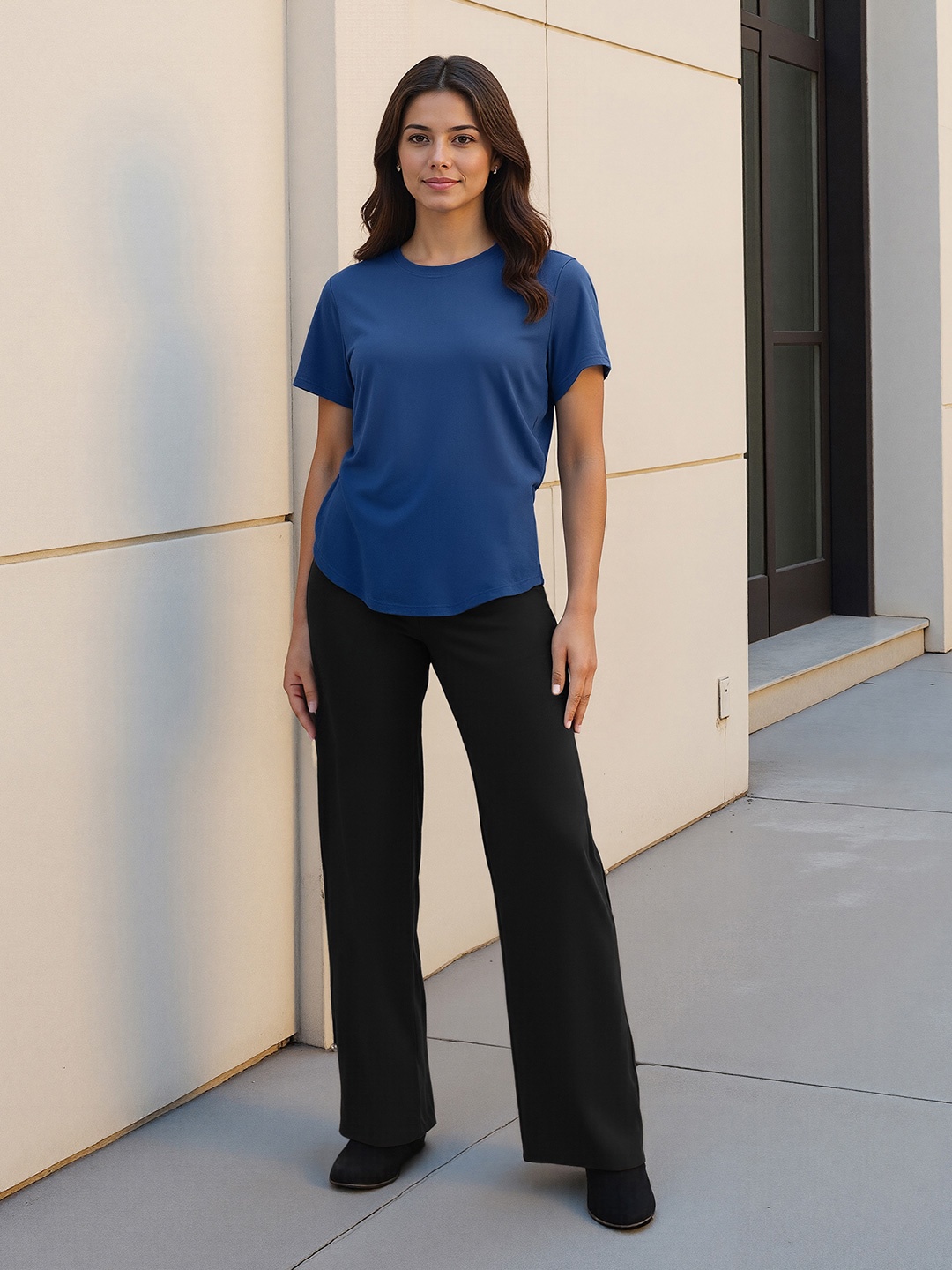 

Blissclub Women Solid Round Neck Cotton T-shirt, Navy blue