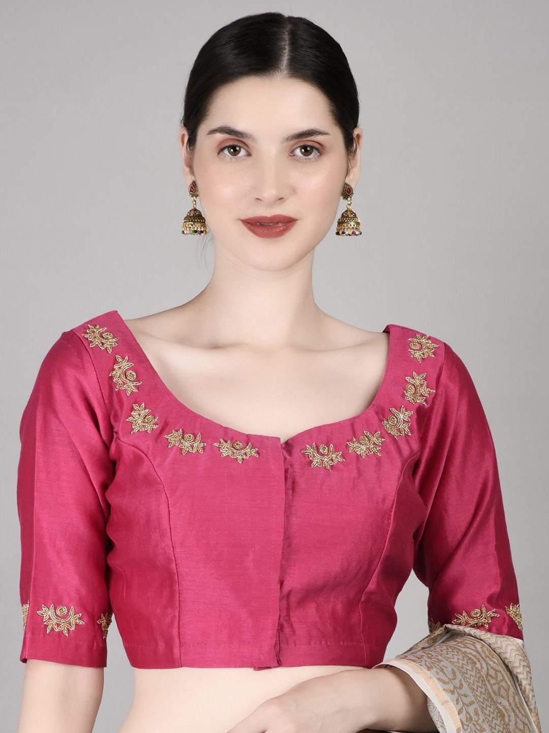 

PALASH Women Embroidered Chanderi Silk Saree Blouse, Pink