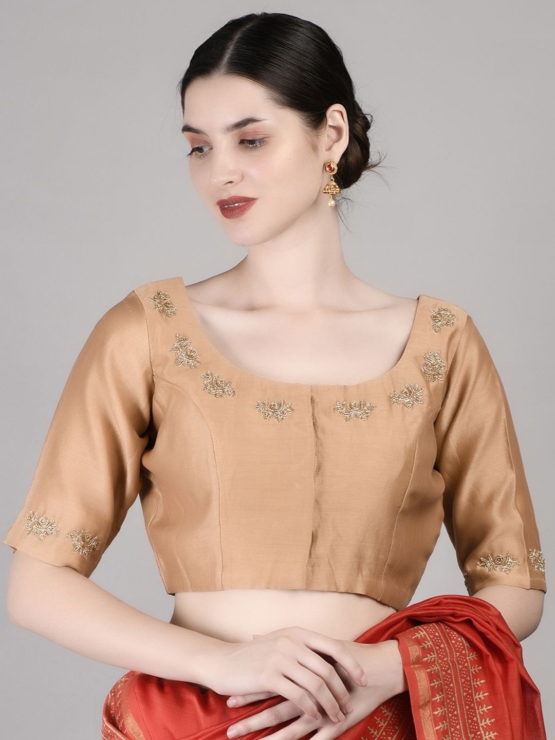 

PALASH Hand Embroidered Silk Chanderi Saree Blouse, Brown