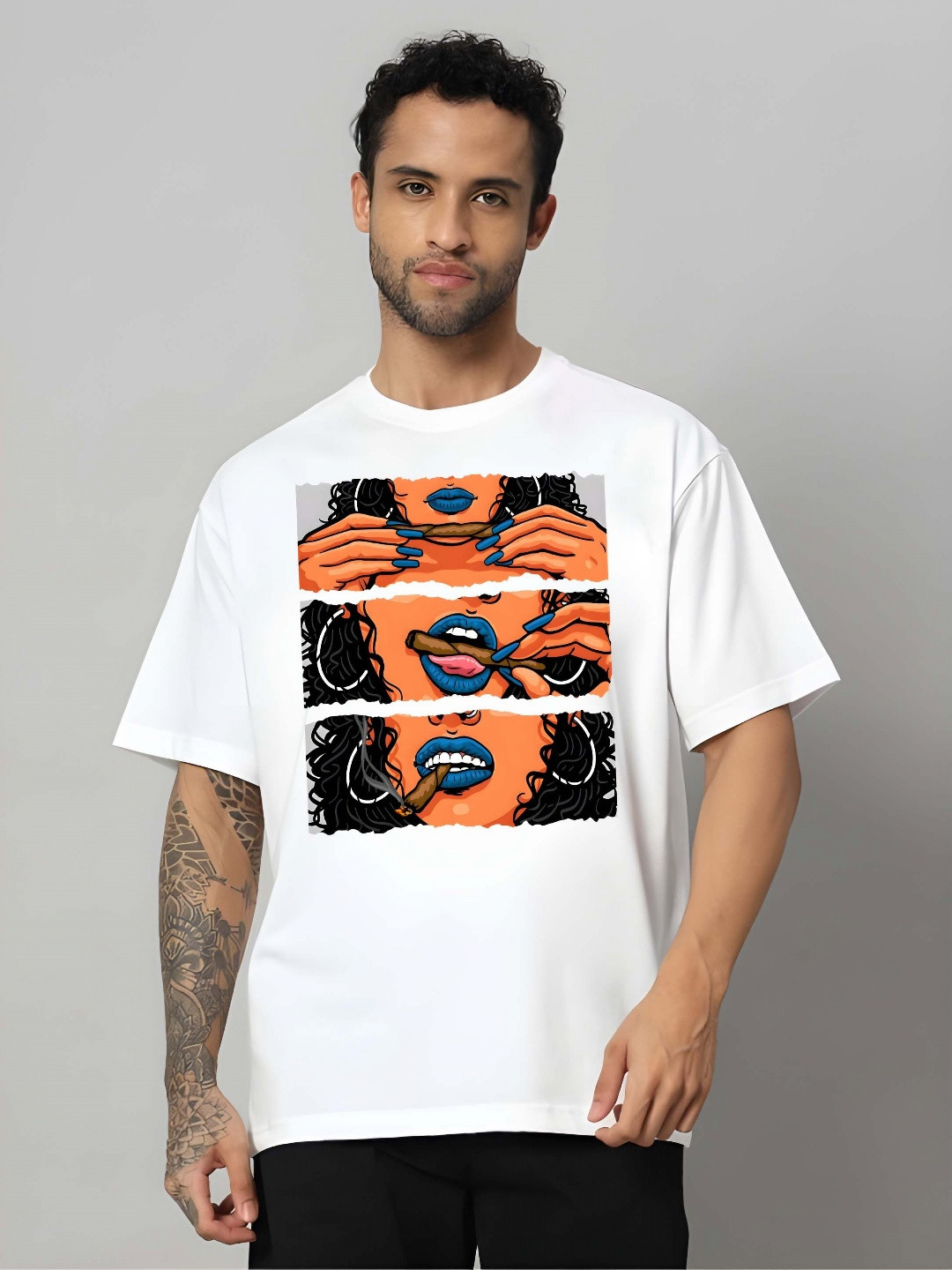 

KAIDO Men Graphic Printed Round Neck Cotton Oversized T-shirt, White